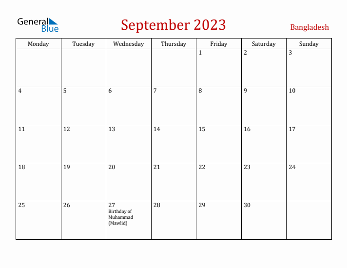 Bangladesh September 2023 Calendar - Monday Start
