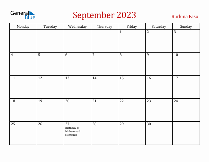 Burkina Faso September 2023 Calendar - Monday Start