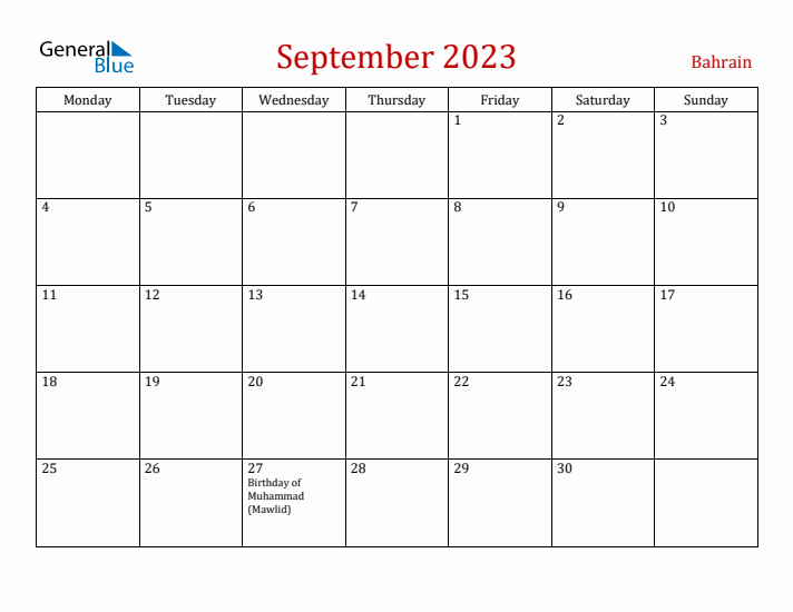 Bahrain September 2023 Calendar - Monday Start