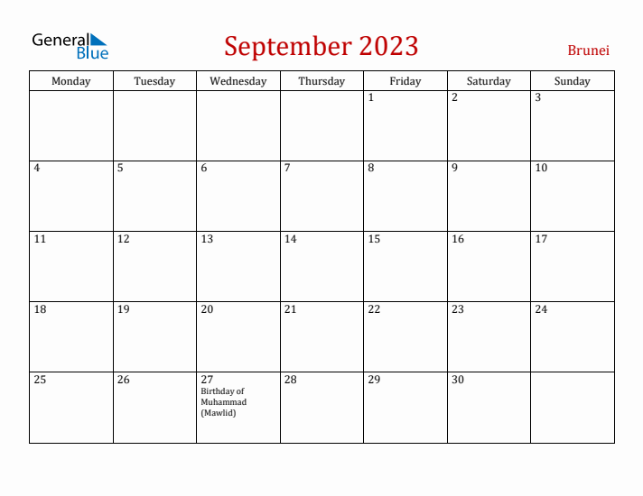 Brunei September 2023 Calendar - Monday Start