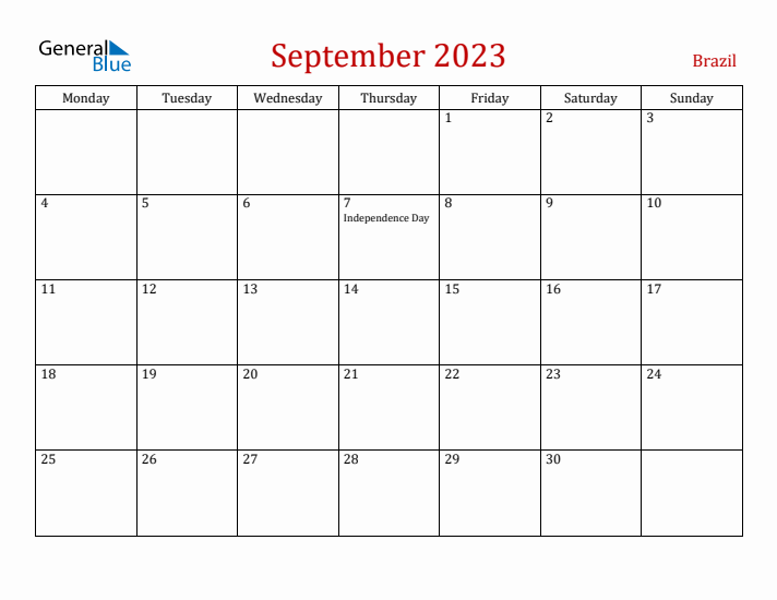 Brazil September 2023 Calendar - Monday Start