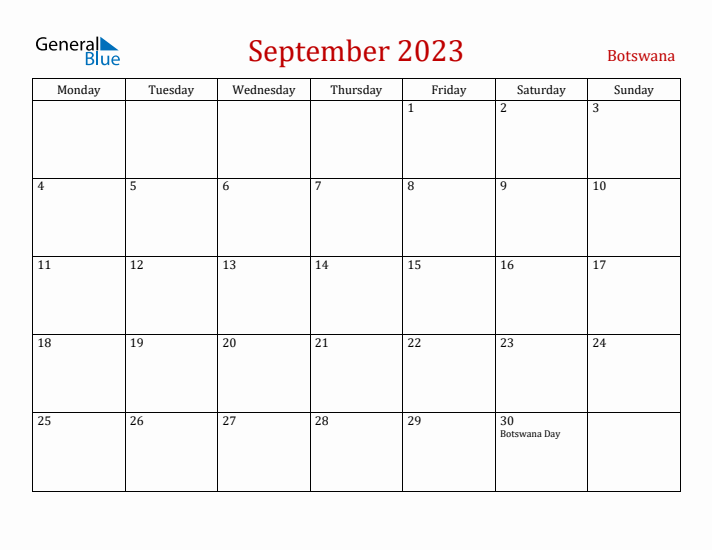Botswana September 2023 Calendar - Monday Start