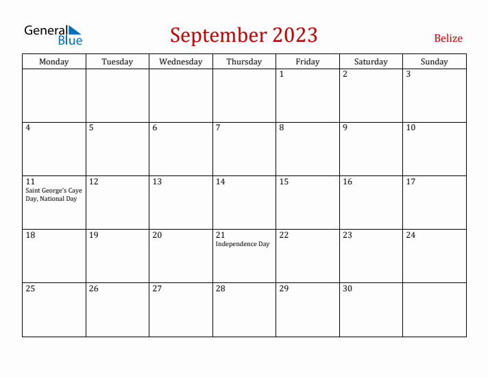 Belize September 2023 Calendar - Monday Start