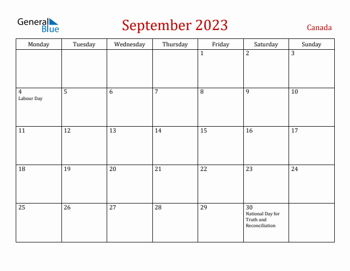 Canada September 2023 Calendar - Monday Start