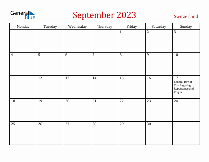 Switzerland September 2023 Calendar - Monday Start