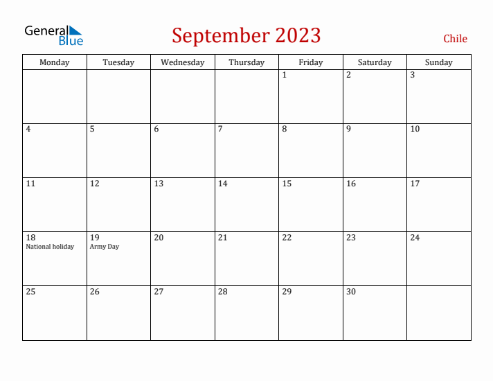 Chile September 2023 Calendar - Monday Start