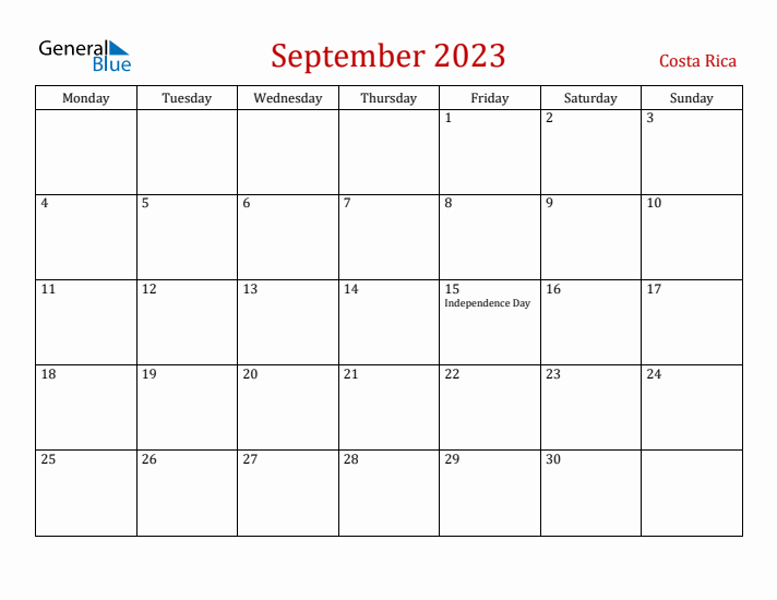 Costa Rica September 2023 Calendar - Monday Start