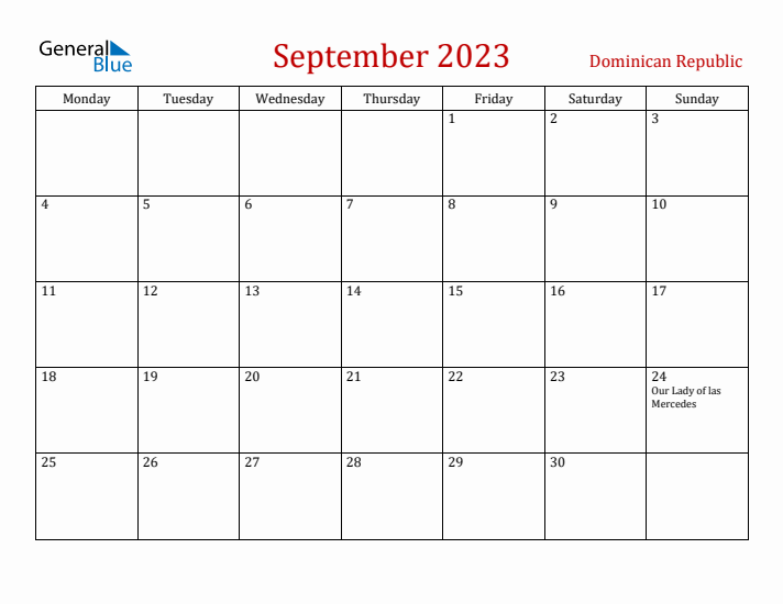 Dominican Republic September 2023 Calendar - Monday Start