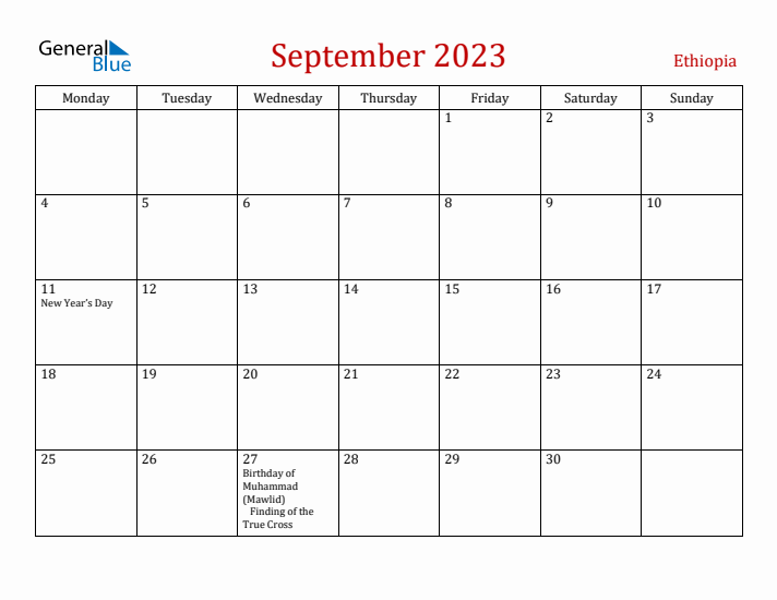 Ethiopia September 2023 Calendar - Monday Start