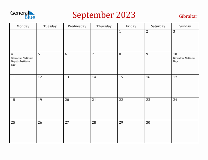 Gibraltar September 2023 Calendar - Monday Start