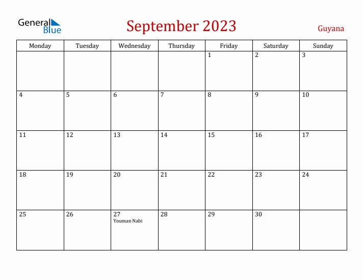 Guyana September 2023 Calendar - Monday Start