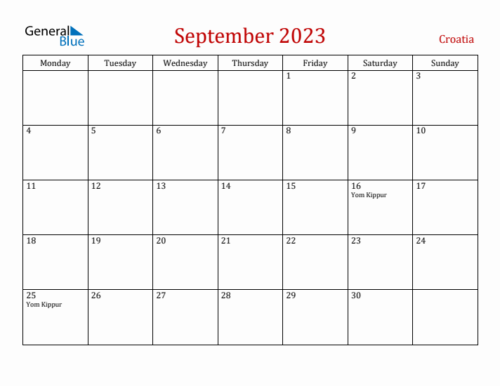 Croatia September 2023 Calendar - Monday Start