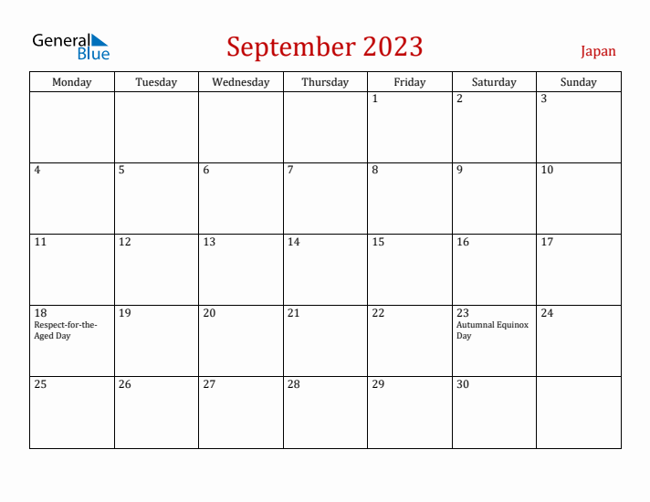 Japan September 2023 Calendar - Monday Start