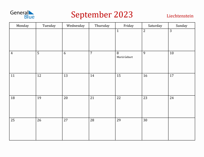 Liechtenstein September 2023 Calendar - Monday Start