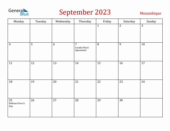 Mozambique September 2023 Calendar - Monday Start