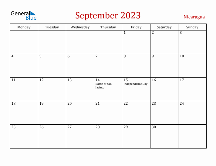 Nicaragua September 2023 Calendar - Monday Start