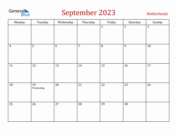 The Netherlands September 2023 Calendar - Monday Start