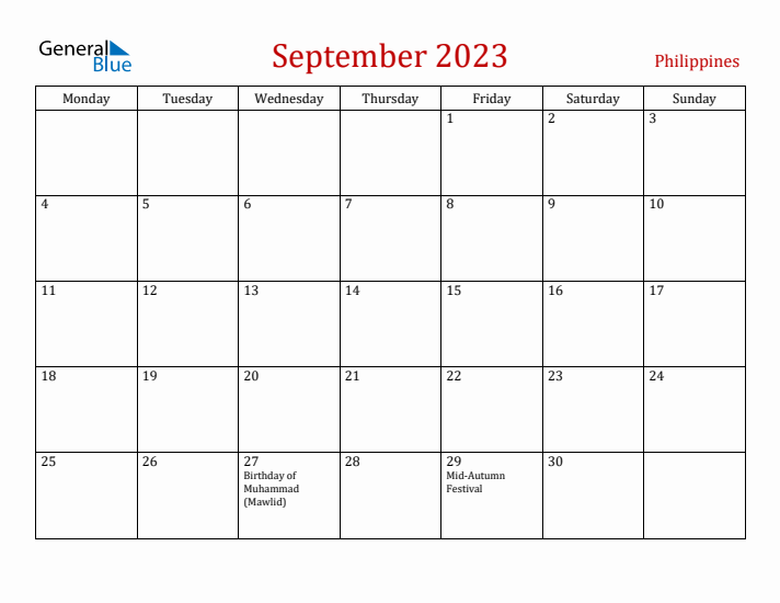 Philippines September 2023 Calendar - Monday Start
