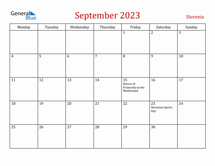 Slovenia September 2023 Calendar - Monday Start