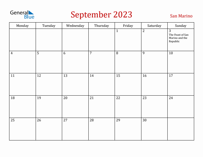 San Marino September 2023 Calendar - Monday Start