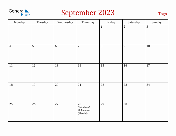 Togo September 2023 Calendar - Monday Start