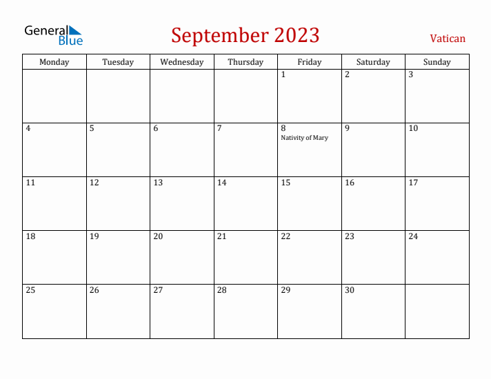 Vatican September 2023 Calendar - Monday Start