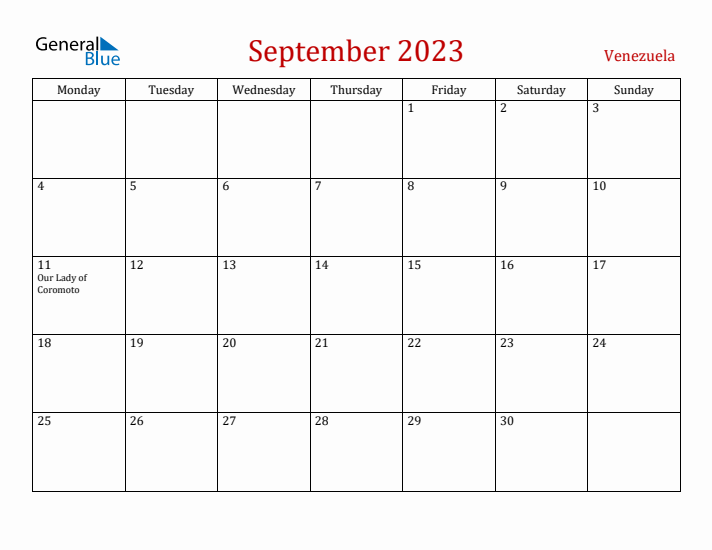 Venezuela September 2023 Calendar - Monday Start