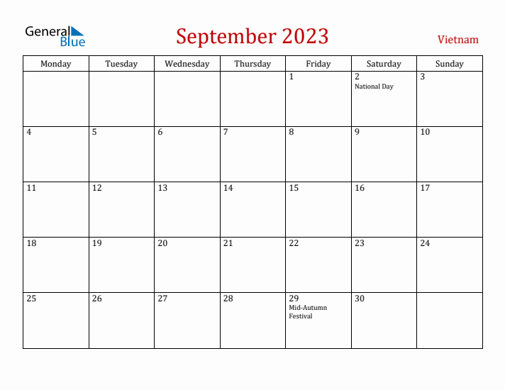 Vietnam September 2023 Calendar - Monday Start