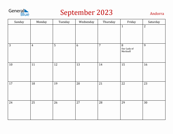 Andorra September 2023 Calendar - Sunday Start