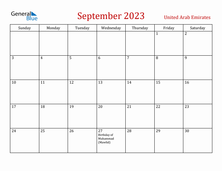 United Arab Emirates September 2023 Calendar - Sunday Start