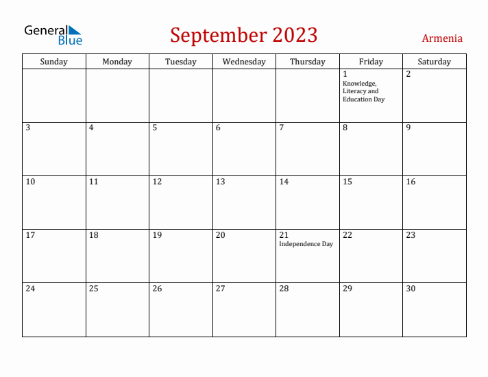 Armenia September 2023 Calendar - Sunday Start