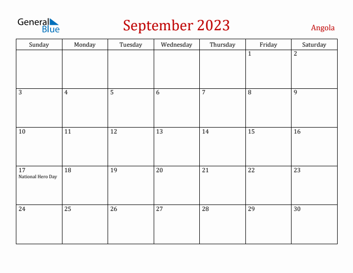 Angola September 2023 Calendar - Sunday Start