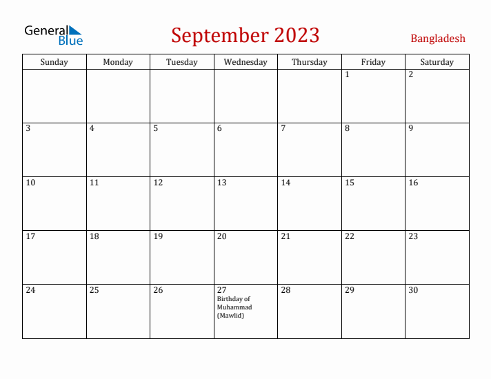 Bangladesh September 2023 Calendar - Sunday Start