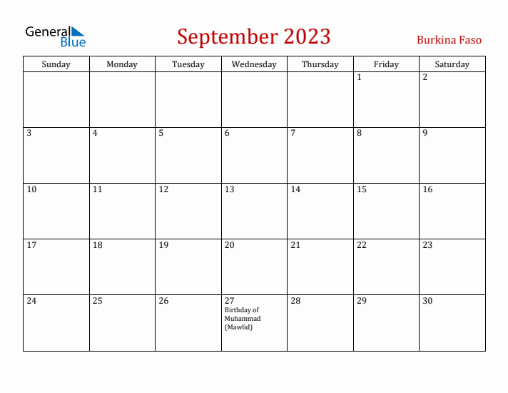 Burkina Faso September 2023 Calendar - Sunday Start