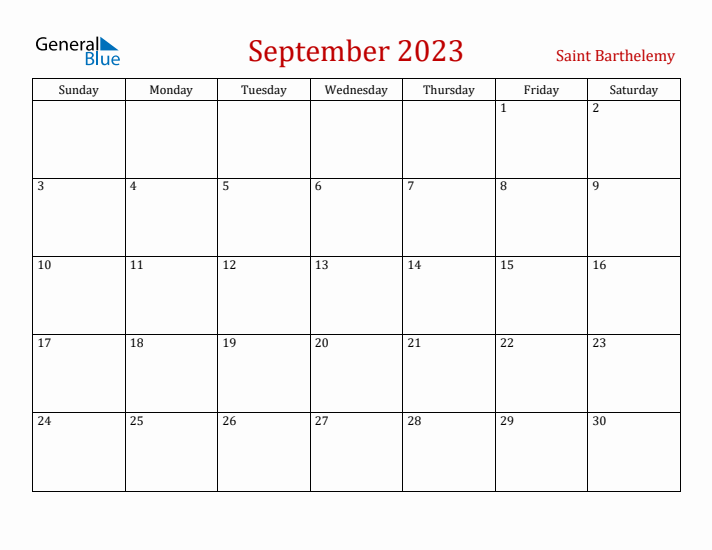Saint Barthelemy September 2023 Calendar - Sunday Start