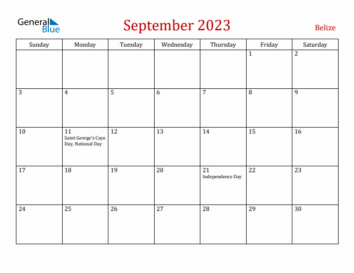 Belize September 2023 Calendar - Sunday Start