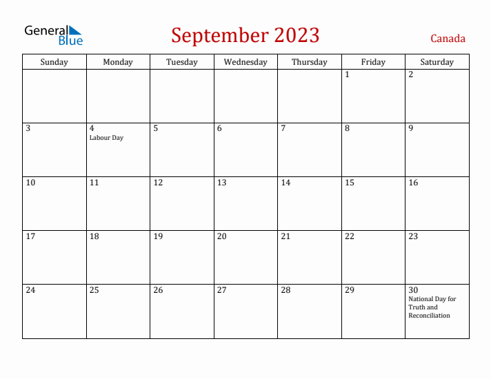 Canada September 2023 Calendar - Sunday Start
