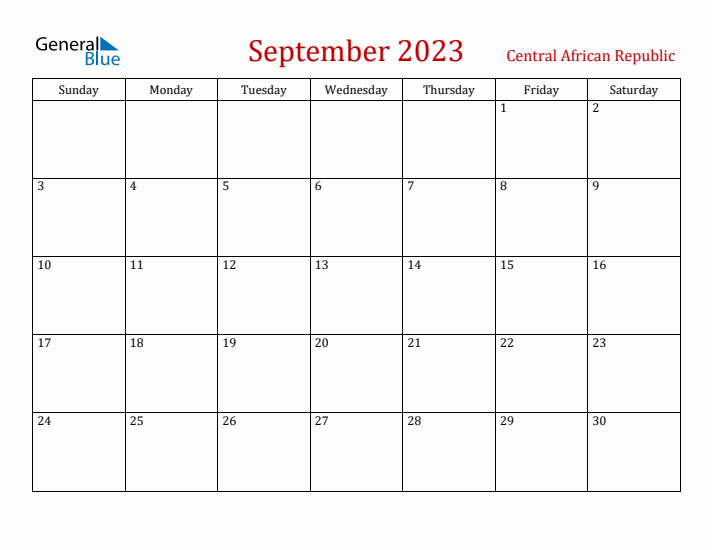 Central African Republic September 2023 Calendar - Sunday Start