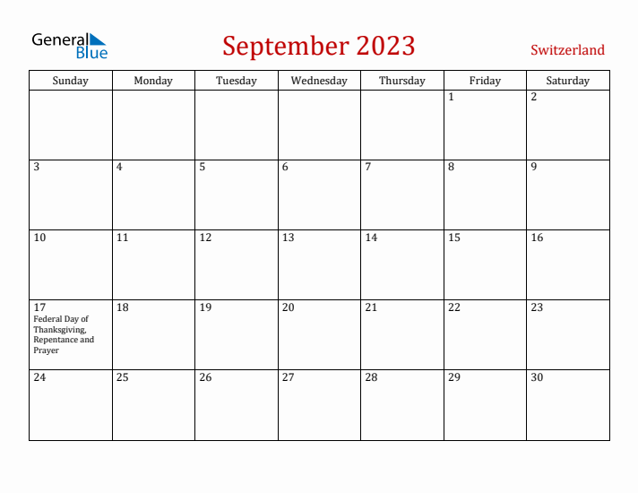 Switzerland September 2023 Calendar - Sunday Start