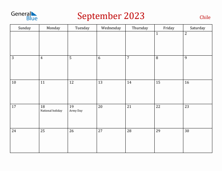 Chile September 2023 Calendar - Sunday Start