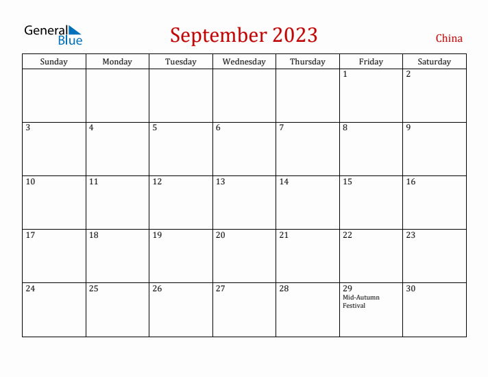 China September 2023 Calendar - Sunday Start