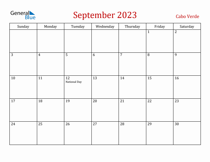 Cabo Verde September 2023 Calendar - Sunday Start