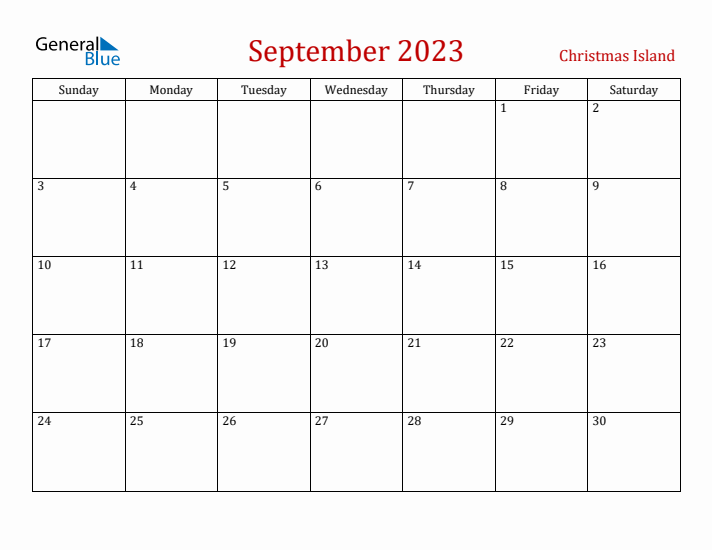 Christmas Island September 2023 Calendar - Sunday Start