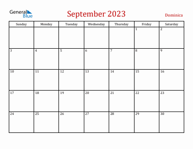 Current month calendar with Dominica holidays for September 2023