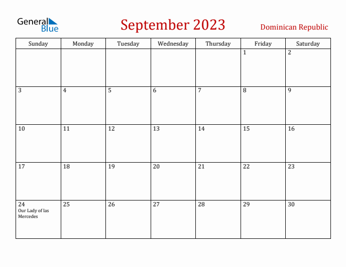 Dominican Republic September 2023 Calendar - Sunday Start