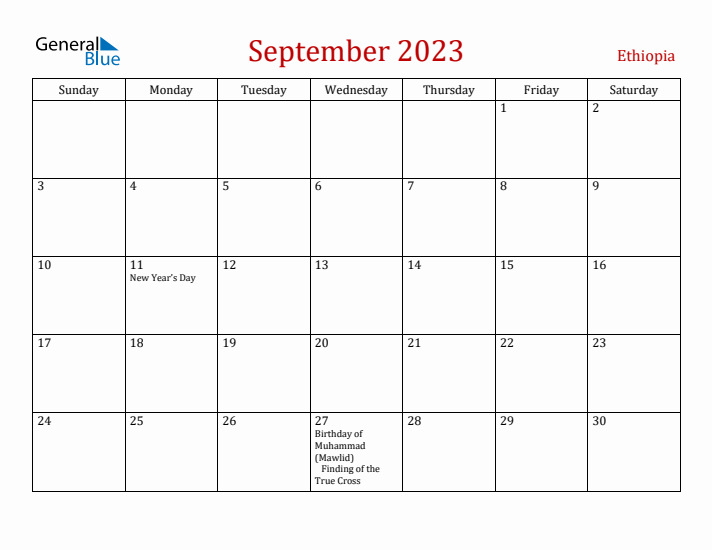 Ethiopia September 2023 Calendar - Sunday Start