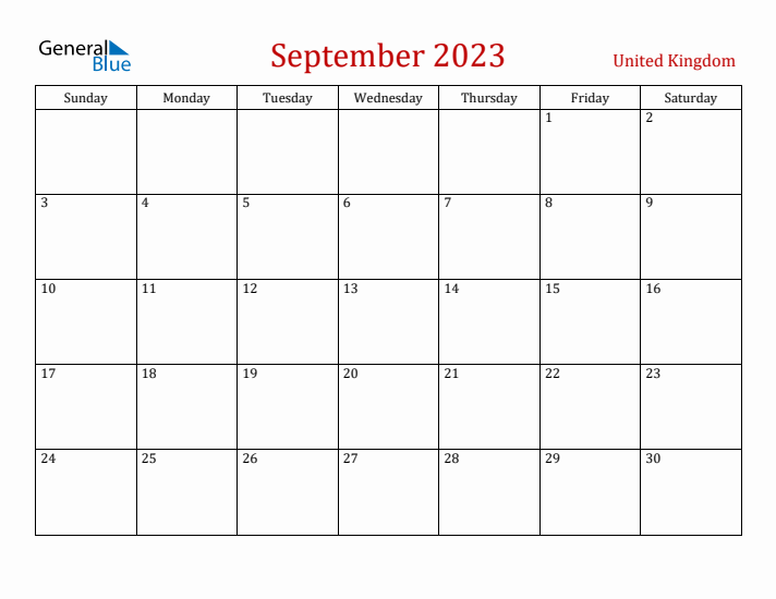 United Kingdom September 2023 Calendar - Sunday Start