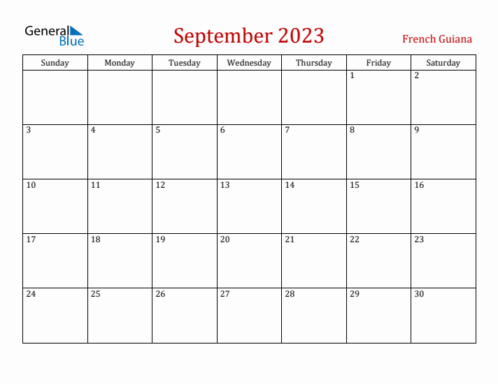 French Guiana September 2023 Calendar - Sunday Start
