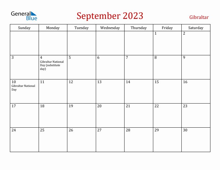 Gibraltar September 2023 Calendar - Sunday Start