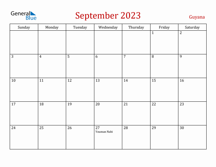 Guyana September 2023 Calendar - Sunday Start